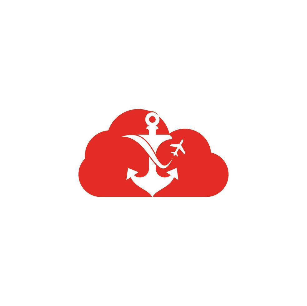 Anker- und Flugzeugwolkenform-Konzept-Logo-Design-Vorlage. Anker- und Flugzeugsymbol oder -symbol. Einzigartige Designvorlage für Reise- und Fluglogos. vektor