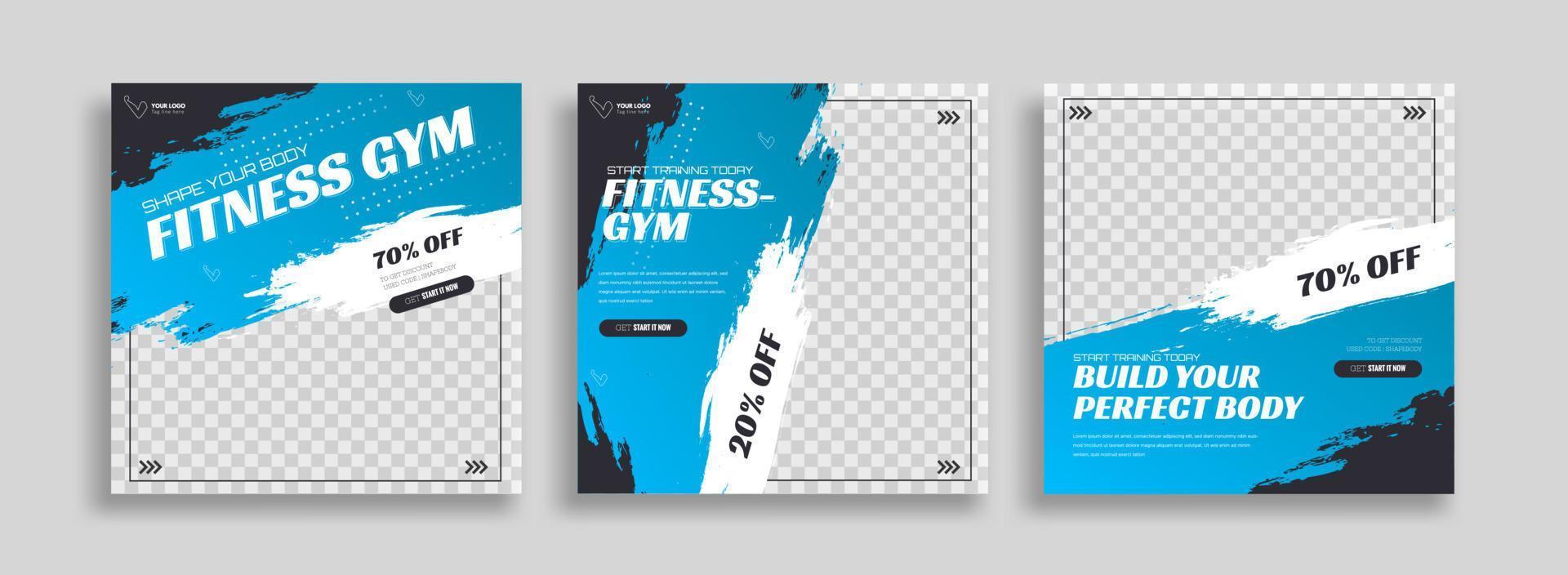 posts auf social media-vektorillustration. stilvolle Grafikvorlagen Beiträge. dynamische Abstraktionen Typografiefoto. Farb- und Pinselflecken der modernen Kunst, Fitness-Themen-Fitnessstudio. Designrahmen-Beitragsvorlage vektor