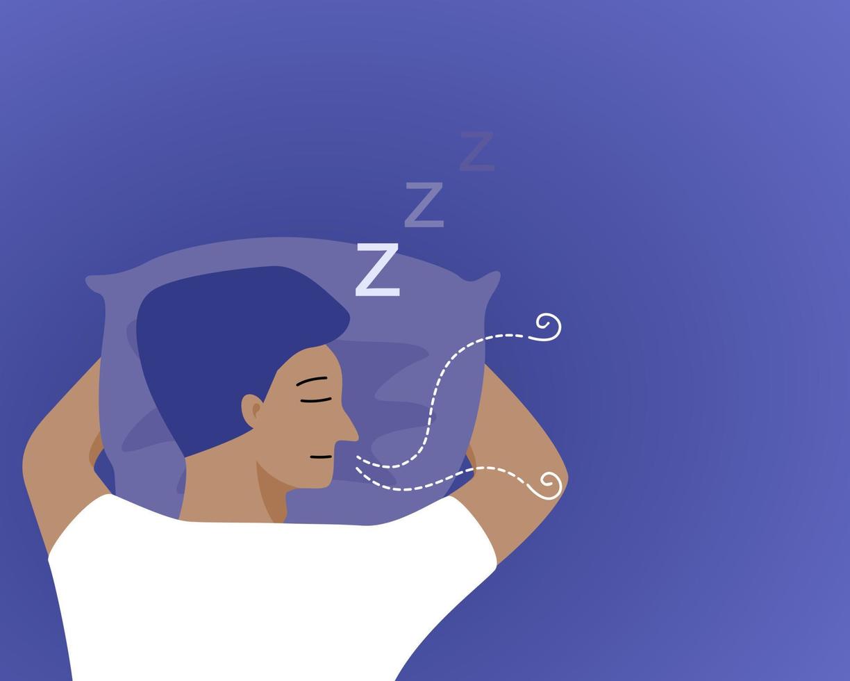 en man sovande på bekväm säng, friska sömn begrepp. platt vektor illustration.