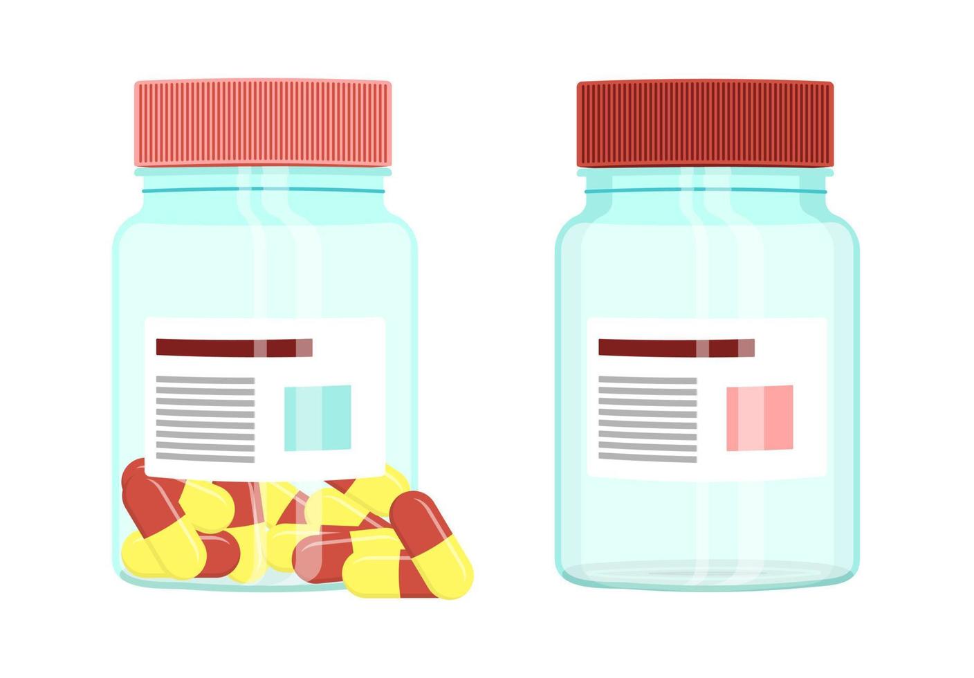 Glas mit roten Pillen und leerem Medikamentenglas isoliert auf weißem Hintergrund im flachen Stil vektor