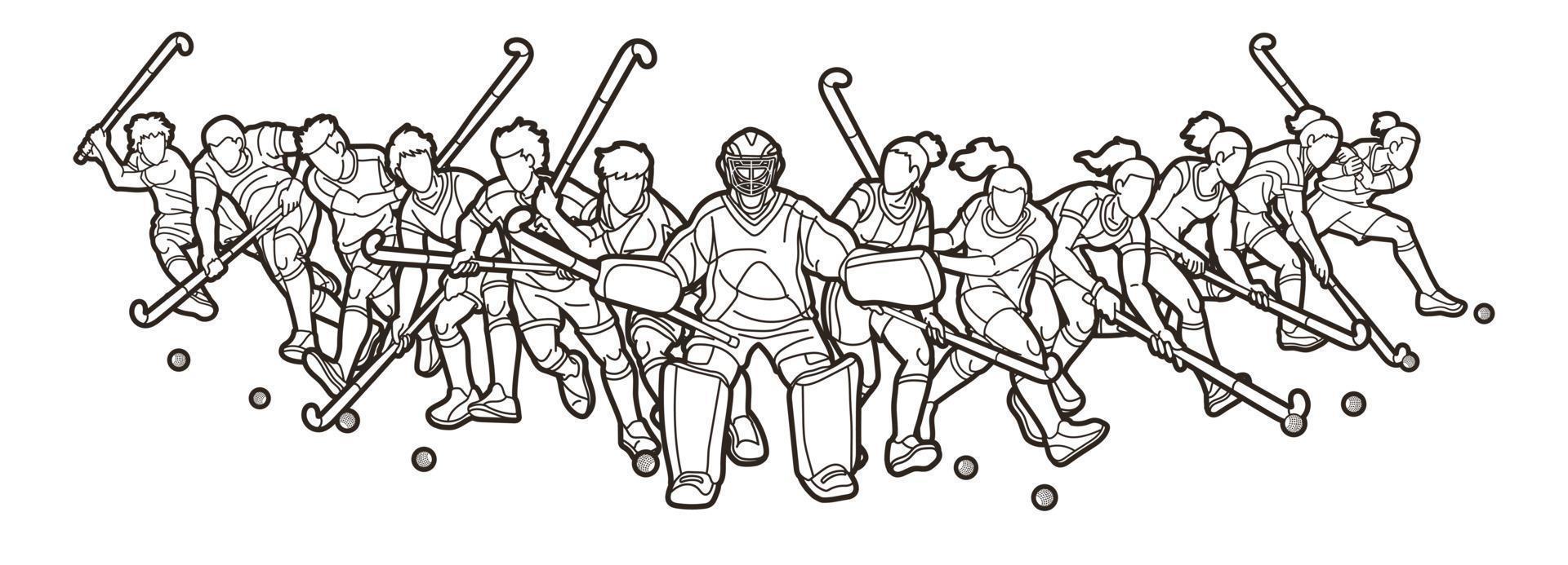skizzieren sie feldhockey-sportmannschaft männliche und weibliche spieler handeln zusammen cartoon-grafikvektor vektor