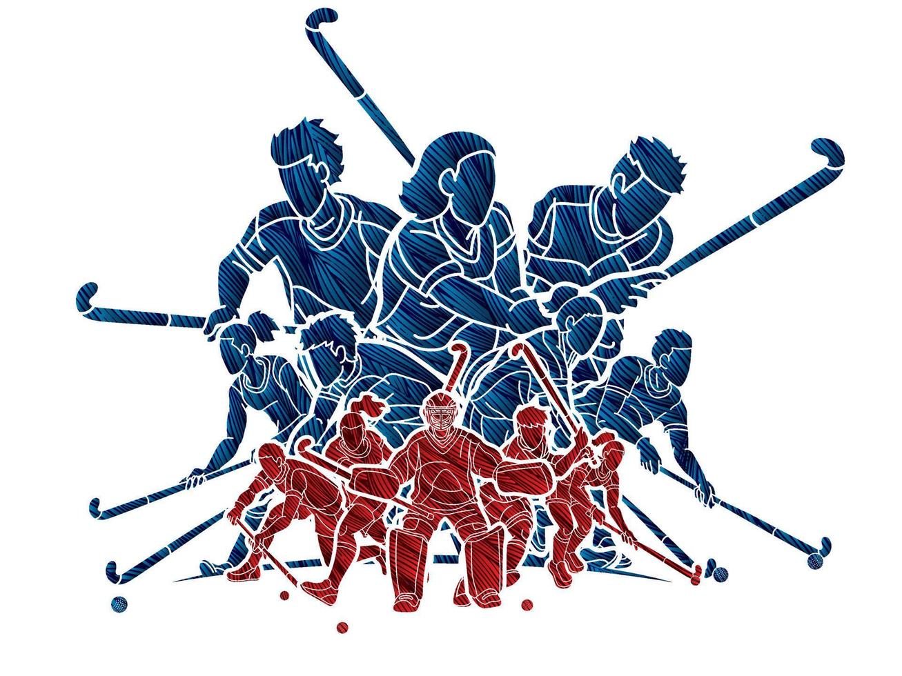 männliche und weibliche spieler der feldhockey-sportmannschaft handeln gemeinsam vektor
