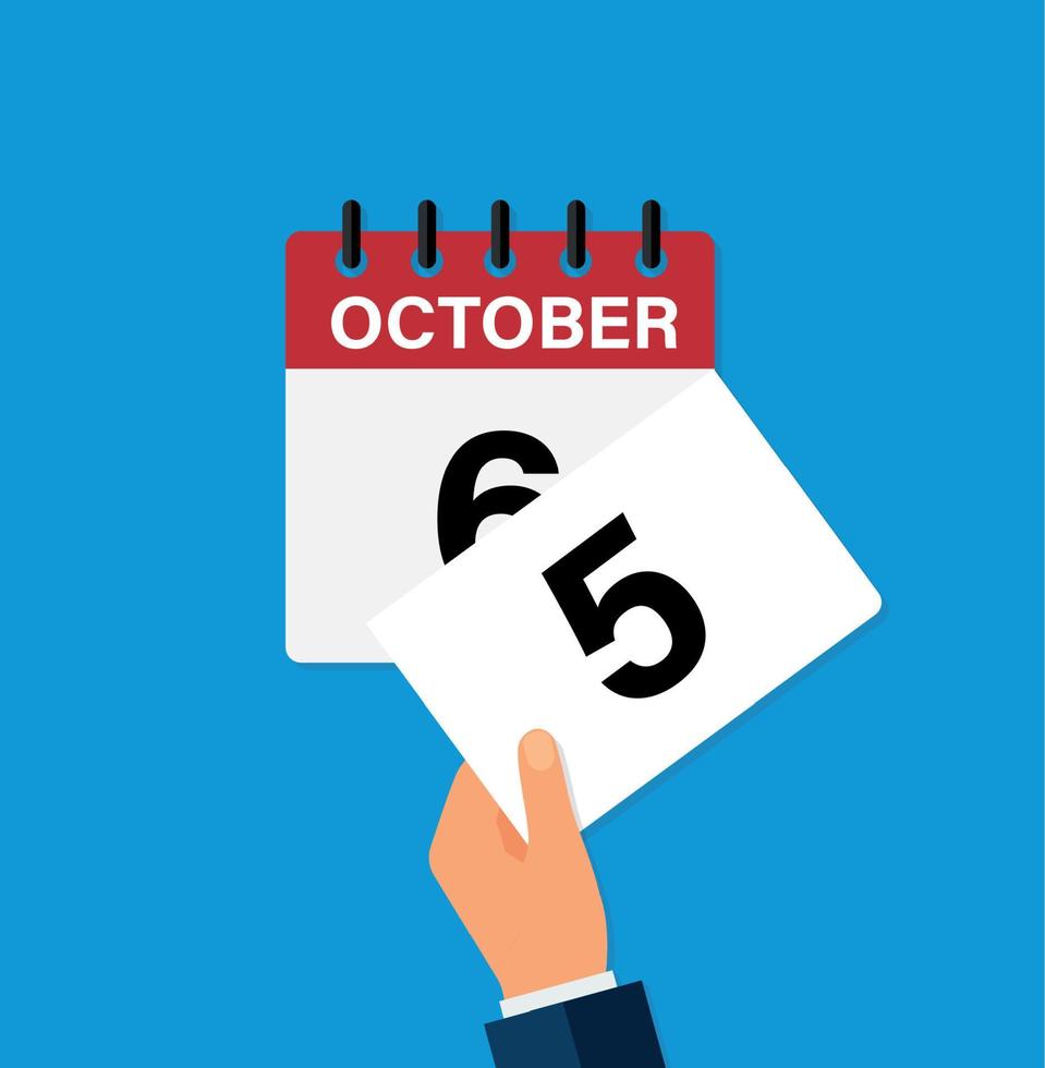 Reißen Sie am 5. Oktober ein Blatt von einem Wandkalender ab. das Kommen eines neuen Tages. flache vektorillustration. vektor