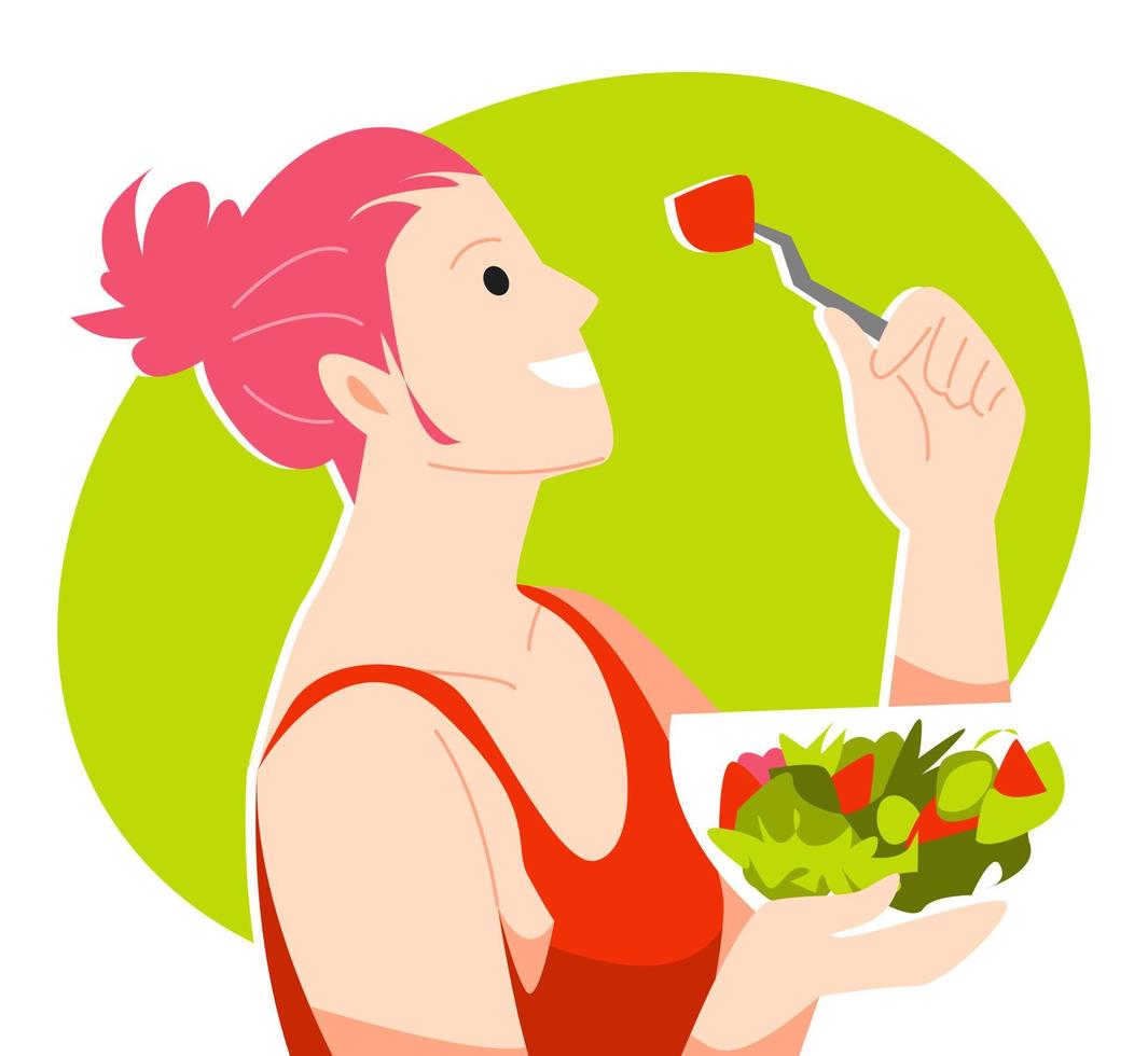 junge Frau, die Salat mit einer Gabel isst. Salat mit Schüssel halten. diätkonzept, lebensmittel, obst, gemüse, gesundheit. flache vektorillustration vektor