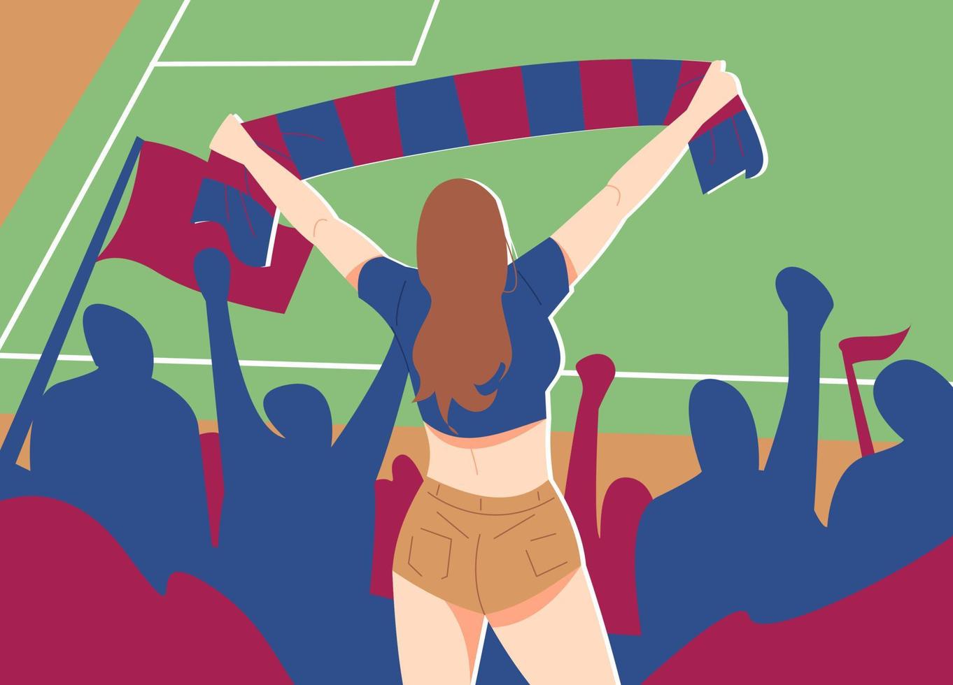 skön kvinna fotboll fläkt innehav scarf ovan stadion. tillbaka se. folkmassan av åskådare. lämplig för de tema av fotboll, fotboll, firande, fans, evenemang, hobbyer, etc. platt vektor illustration