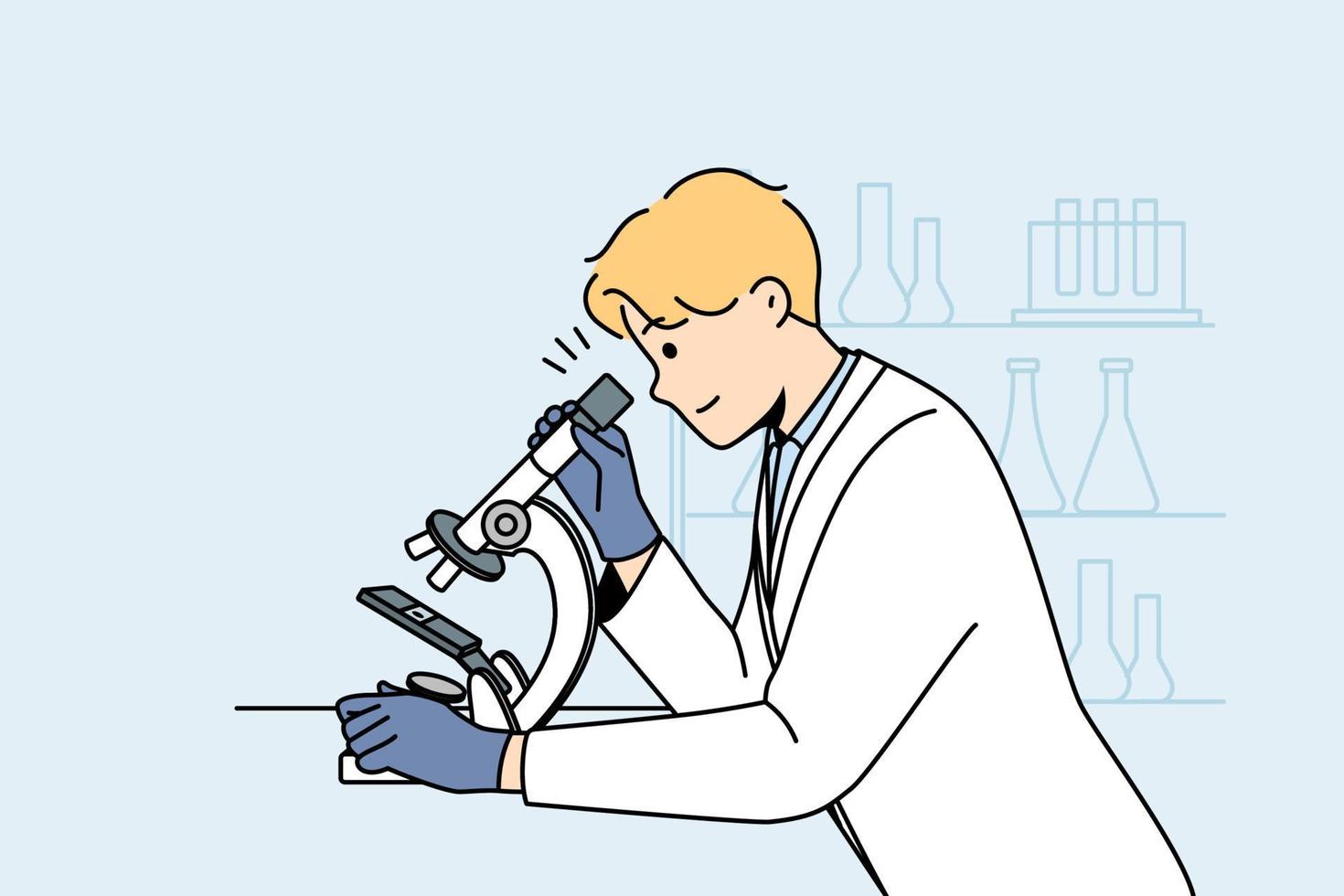 Junger Wissenschaftler in weißer medizinischer Uniform schaut sich die Probe im Mikroskop im Labor an. männlicher forscher untersucht probe im labor. Medizin und Biotechnologie. Vektor-Illustration. vektor