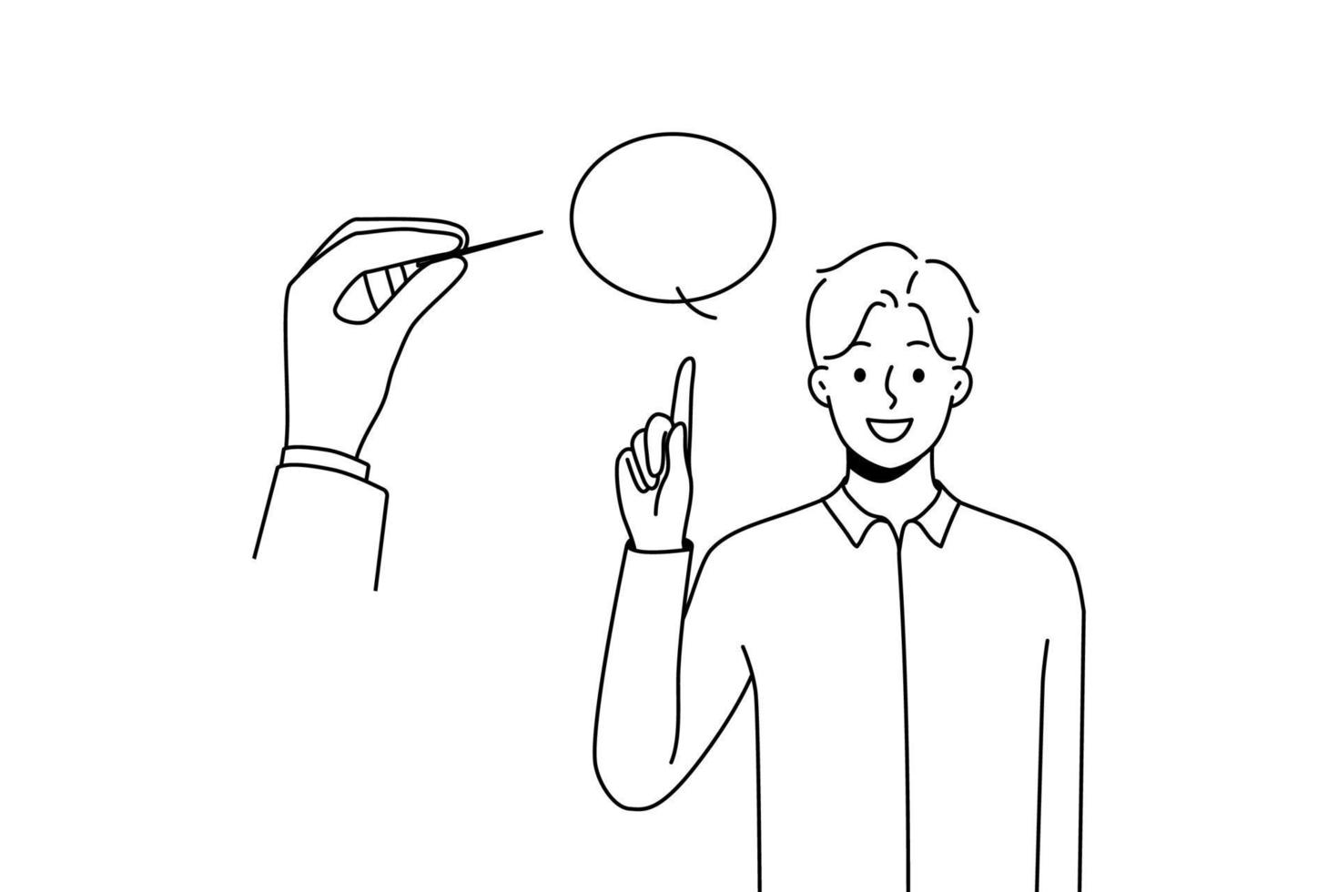 enorm hand pierce Tal bubbla avvisa kommentarer eller argument. person punktera prata ballong av man tala. kritik och åsikt mängd. vektor illustration.