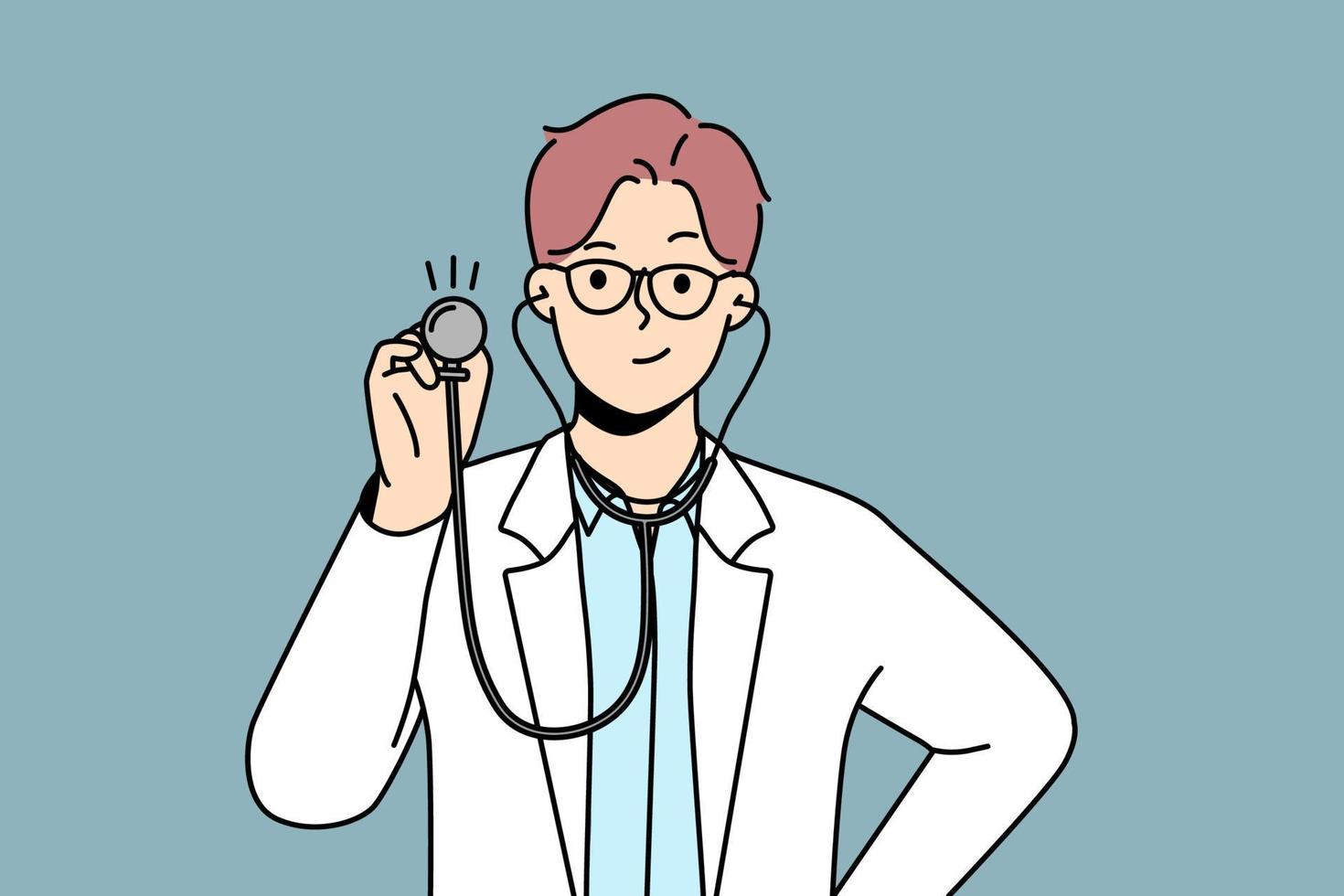 leende ung manlig läkare i vit medicinsk enhetlig håll stetoskop redo till kolla upp eller undersöka patient. Lycklig manlig gp eller terapeut kolla upp i sjukhus. medicin. vektor illustration.