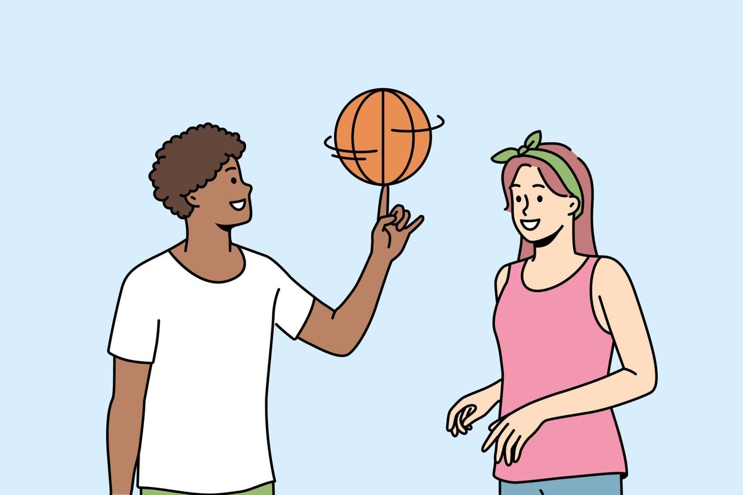 Lycklig raser vänner ha roligt spelar basketboll utomhus. leende man och kvinna njut av spel på lekplats. hobby och underhållning. vektor illustration.
