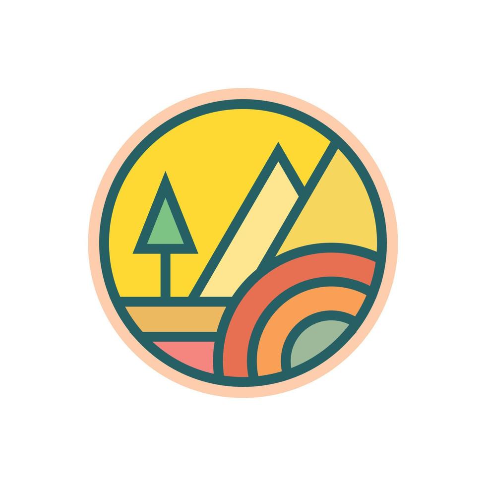 abstrakt solnedgång strand berg logotyp bricka design. logotyp design ikon vektor illustration