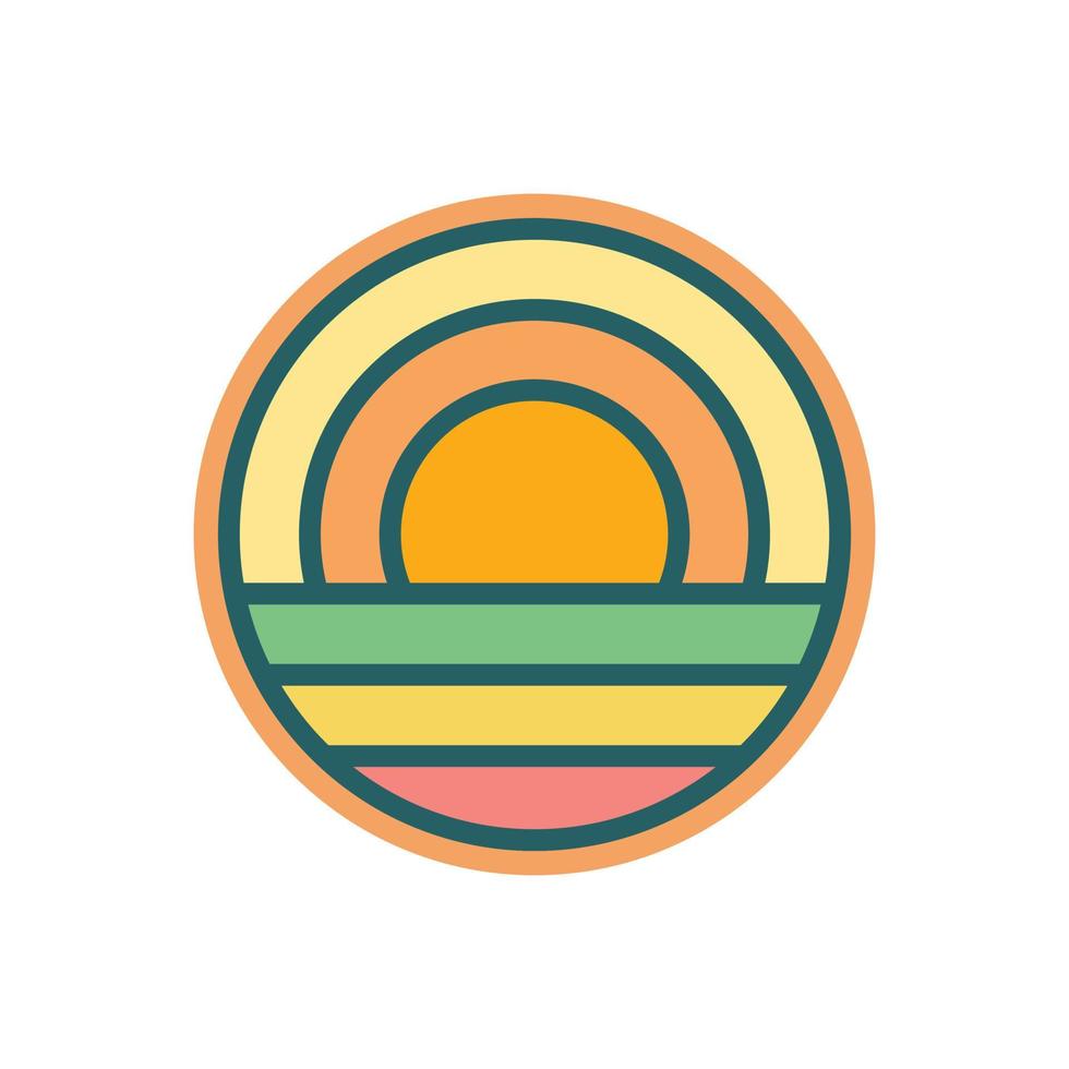abstrakt solnedgång strand berg logotyp bricka design. logotyp design ikon vektor illustration