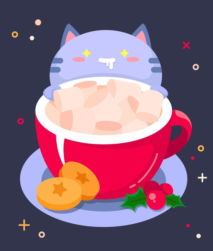 Vektor bunte einfache Illustration mit einer süßen Katze und einer roten Tasse mit Marshmallow. Ingwerkekse und Beeren. Weihnachtsstimmung