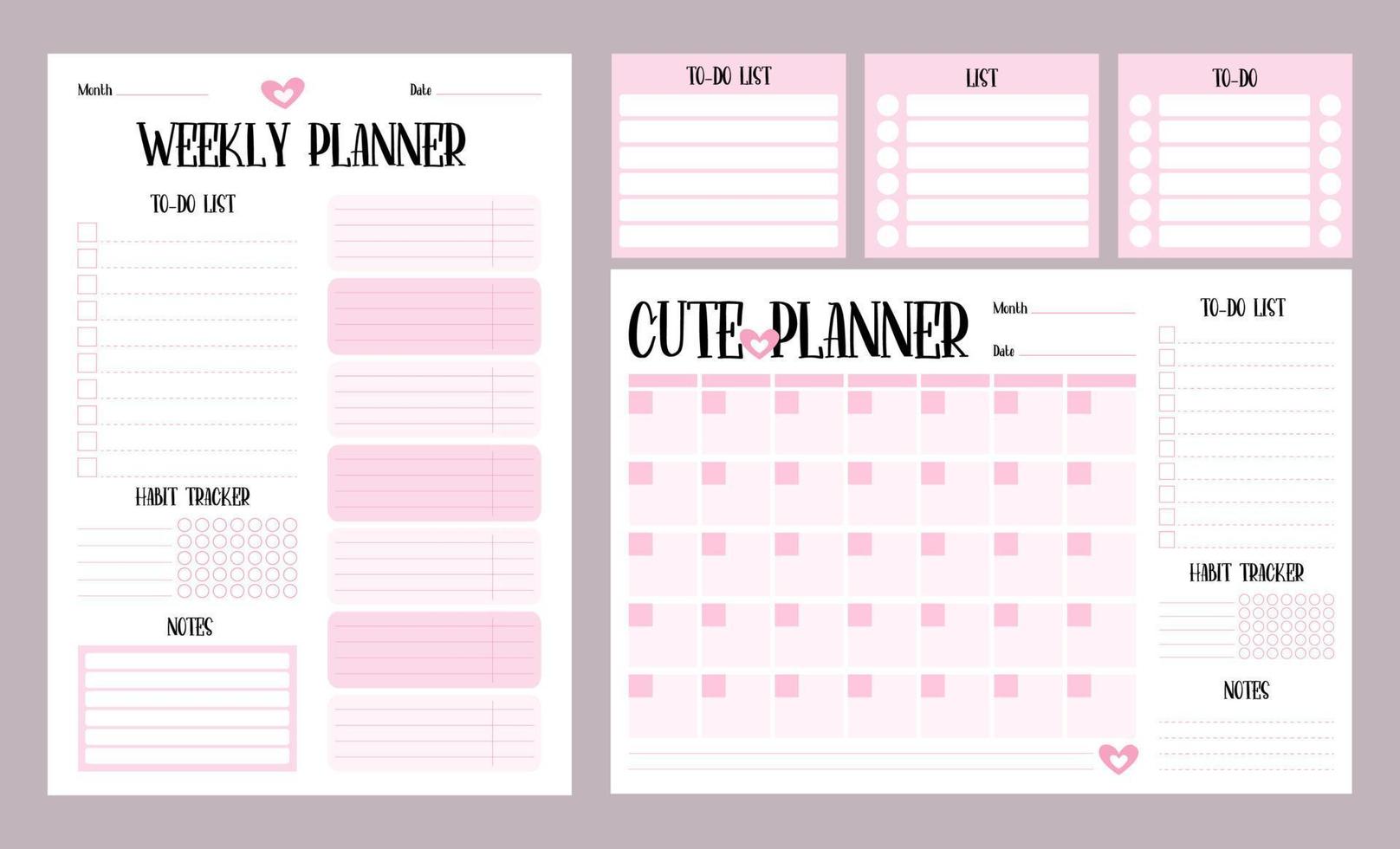 Sammlung von Planern und Organisatoren. Tages- und Monatsplaner, To-Do-Liste, Notizen und Habit-Tracker in Pink. vektorisolierte blätter für druck, design, dekor, kinderkollektion, schreibwaren. vektor