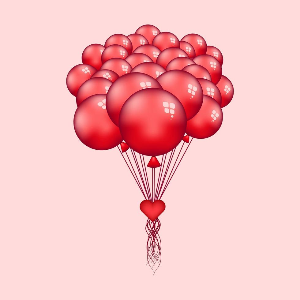 festlig knippa av röd flyga ballonger bunden med en hjärta vykort på rosa bakgrund för valentine kort. vektor illustration