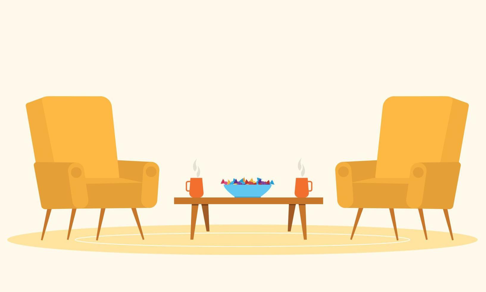två gul fåtölj och liten tabell med två kopp och godis. mysigt levande rum vektor illustration.