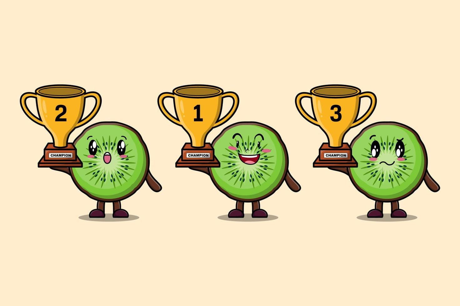 Set von niedlichen Cartoon-Kiwis, die eine Trophäe halten vektor