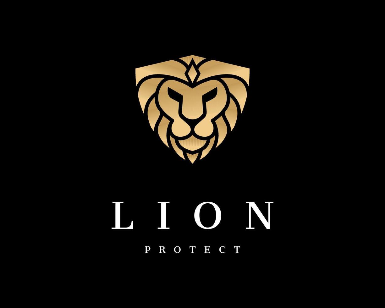 lejon huvud leo manen rovdjur guld lyx elegant skydda säkerhet majestätisk vapen vektor logotyp design