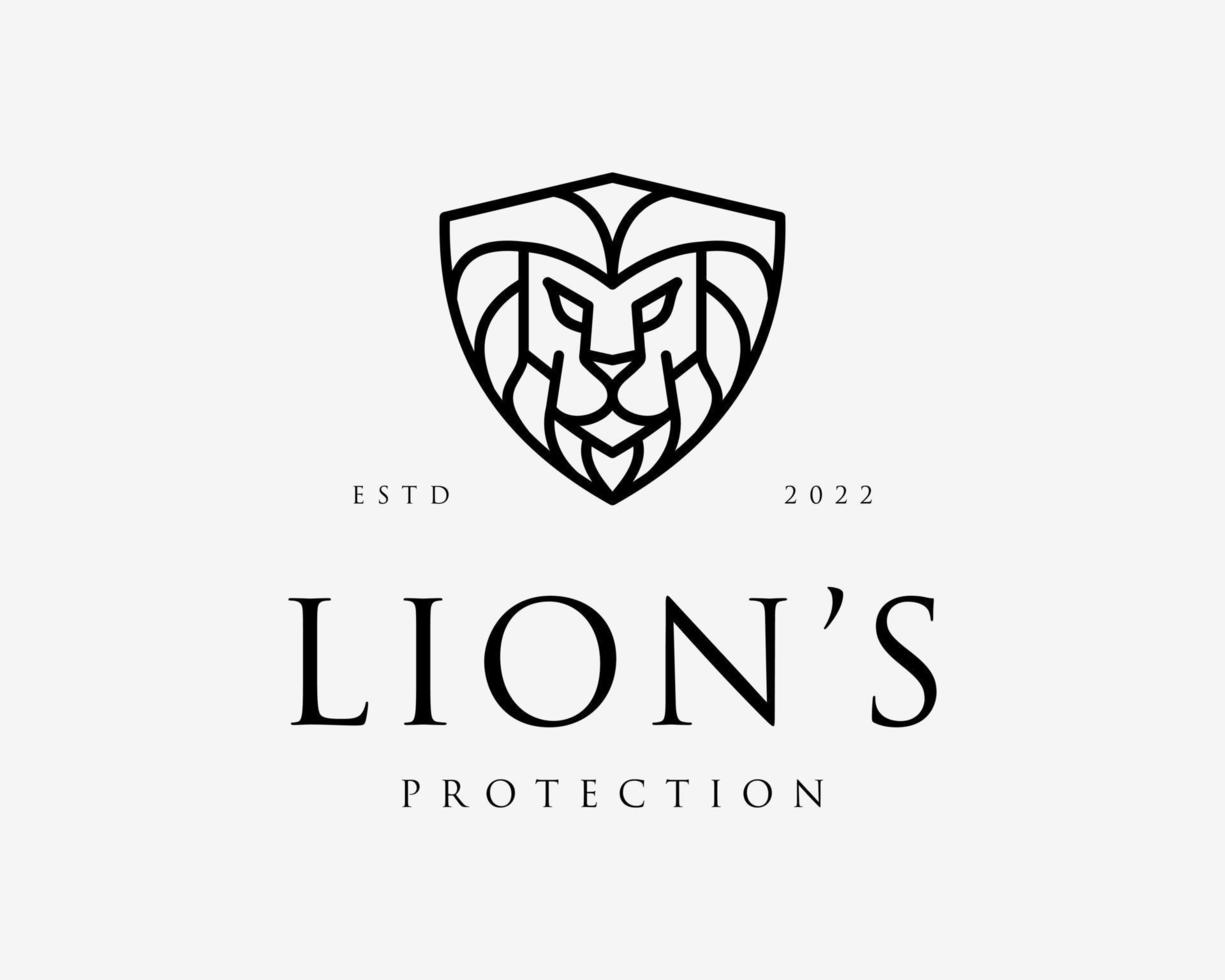 lejon huvud leo manen rovdjur skydda säkerhet skydd säkerhet majestätisk vapen vektor logotyp design