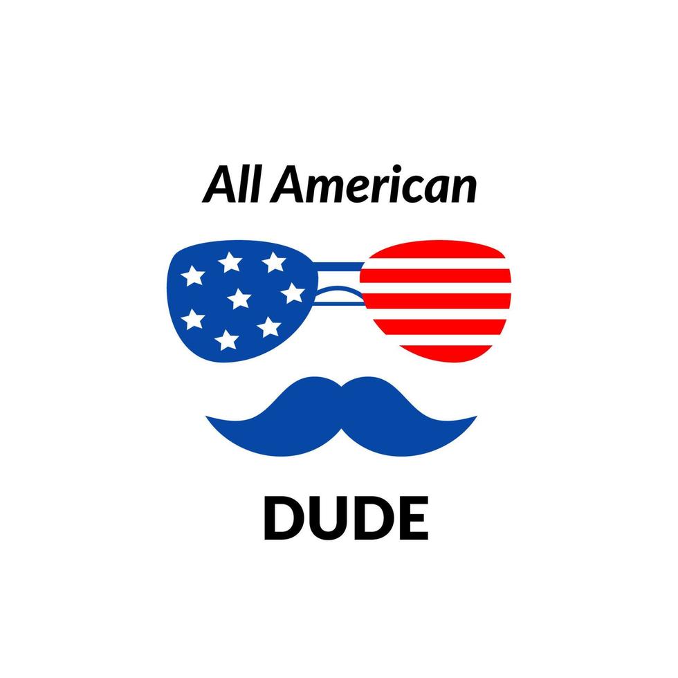 Allt amerikan kille rolig inskrift med glasögon, mustasch. söt vektor grafik för 4:e av juli. oberoende dag design element i de färger av de oss nationell flagga. vektor illustration