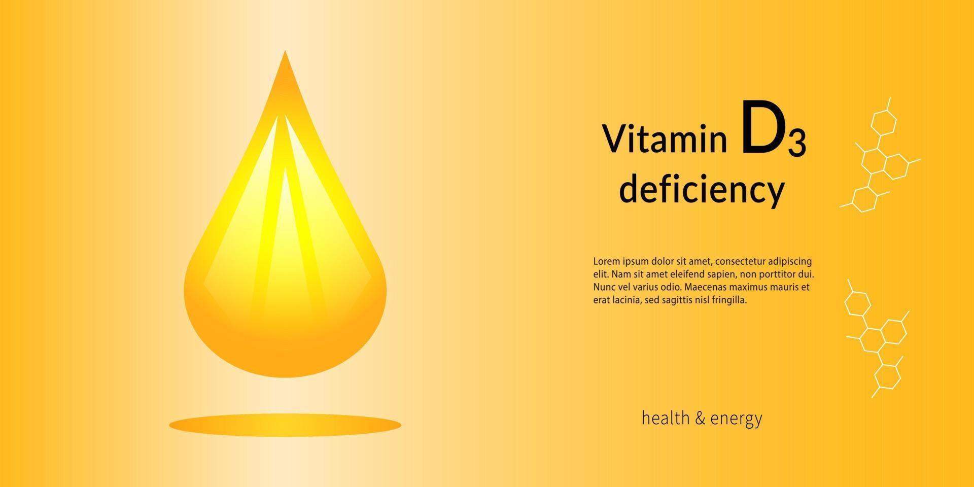 Symbol für glänzende Pille-Kapsel von Vitamin D. leuchtend goldener Substanztropfen. medizinische Werbung. horizontales Vektorbanner. vektor