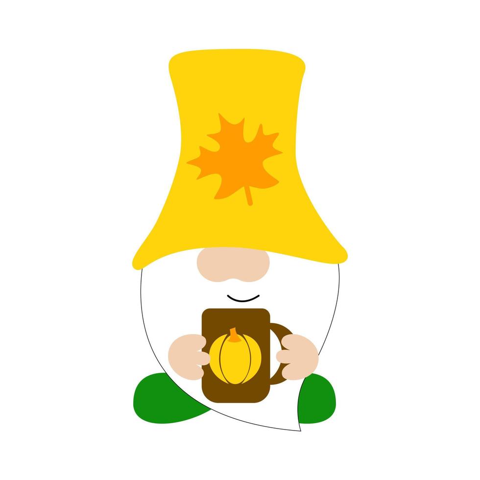 söt falla gnome i en gul hatt med te mugg. höst dekorativ typografi affisch. rolig design. vektor illustration på vit bakgrund