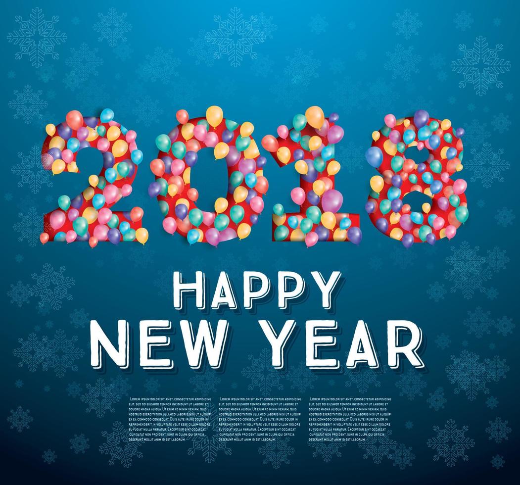 2018 frohes neues Jahr Grußkarte mit fliegenden Ballons und Schneeflocken. vektor