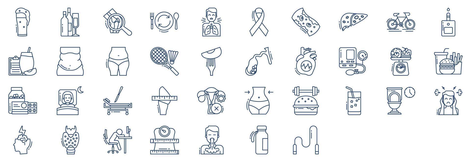samling av ikoner relaterad till fetma, Inklusive ikoner tycka om öl, alkohol, artrit, binge och Mer. vektor illustrationer, pixel perfekt uppsättning