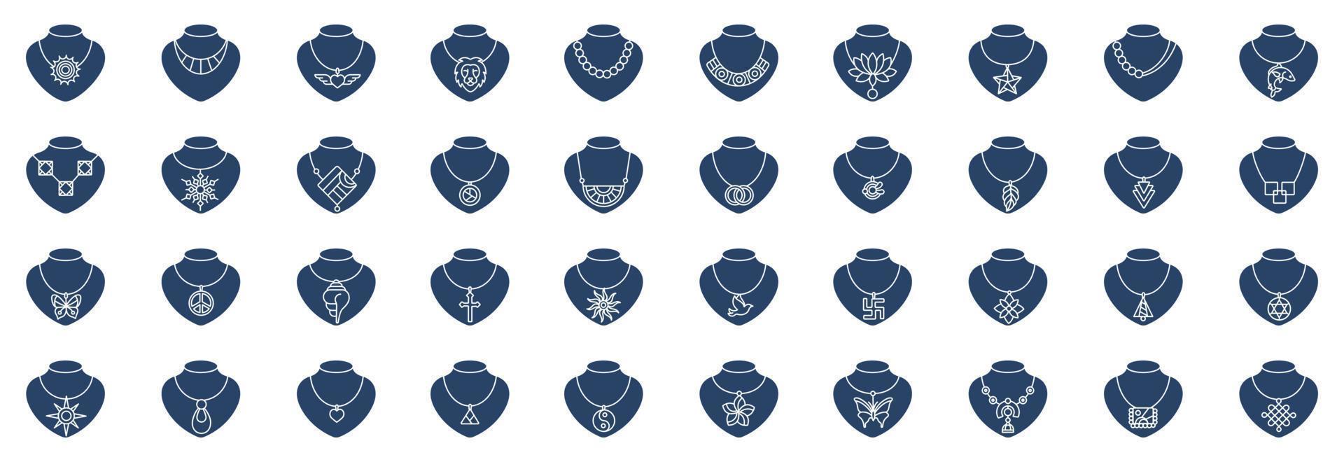 Sammlung von Symbolen im Zusammenhang mit Halsketten und Schmuck, einschließlich Symbolen wie Sonne, Fisch, Vogel, Delphin und mehr. vektorillustrationen, pixelperfekter satz vektor