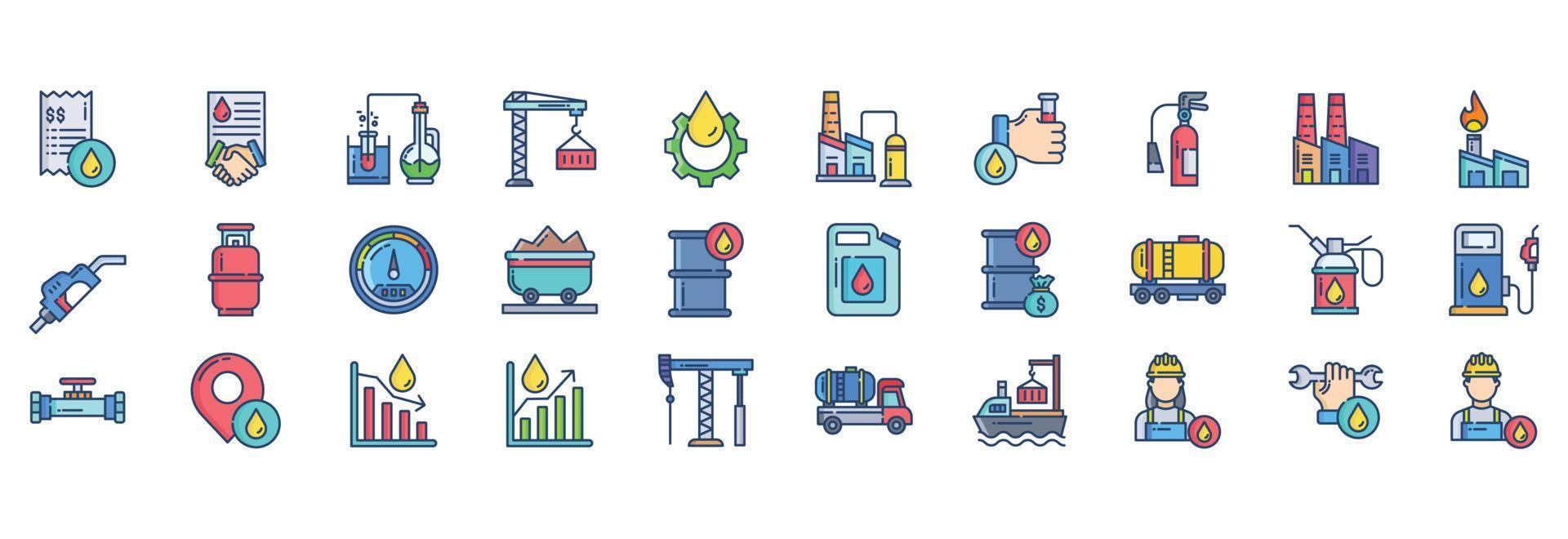 Sammlung von Symbolen im Zusammenhang mit der Ölindustrie, darunter Symbole wie Rechnung, Geschäft, Kran, Experiment und mehr. vektorillustrationen, pixelperfekter satz vektor