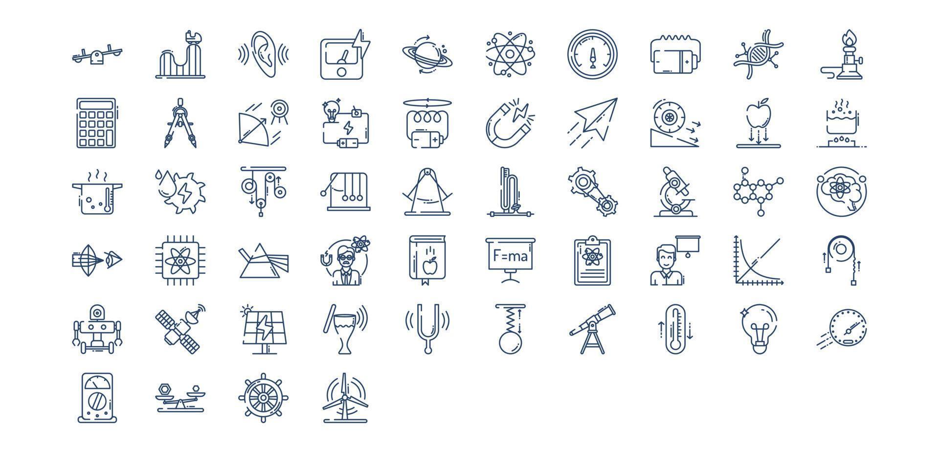 samling av ikoner relaterad till fysik och vetenskap, Inklusive ikoner tycka om atom, amperemeter, brännare, allvar och Mer. vektor illustrationer, pixel perfekt uppsättning