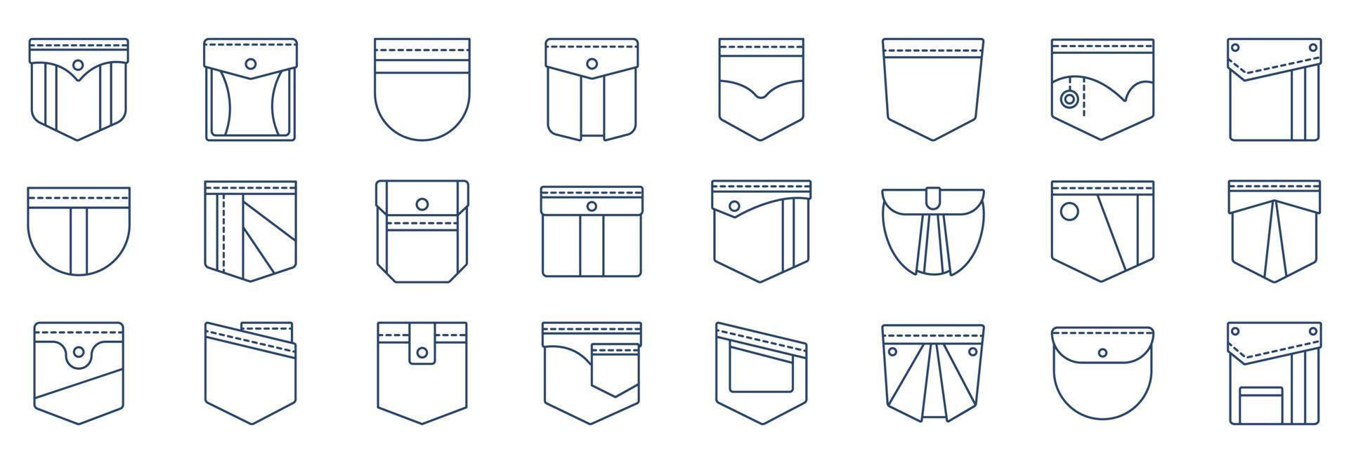 samling av ikoner relaterad till fickor, Inklusive ikoner tycka om trasa, design, jeans och Mer. vektor illustrationer, pixel perfekt uppsättning