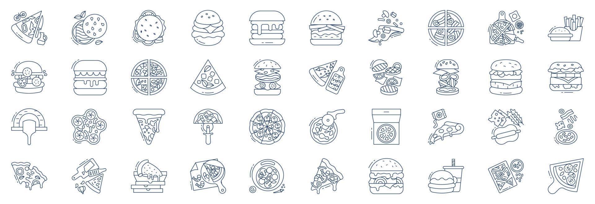 Sammlung von Symbolen im Zusammenhang mit Pizza und Burger, einschließlich Symbolen wie Pizza, Pommes, Burger, Monos und mehr. vektorillustrationen, pixelperfekter satz vektor