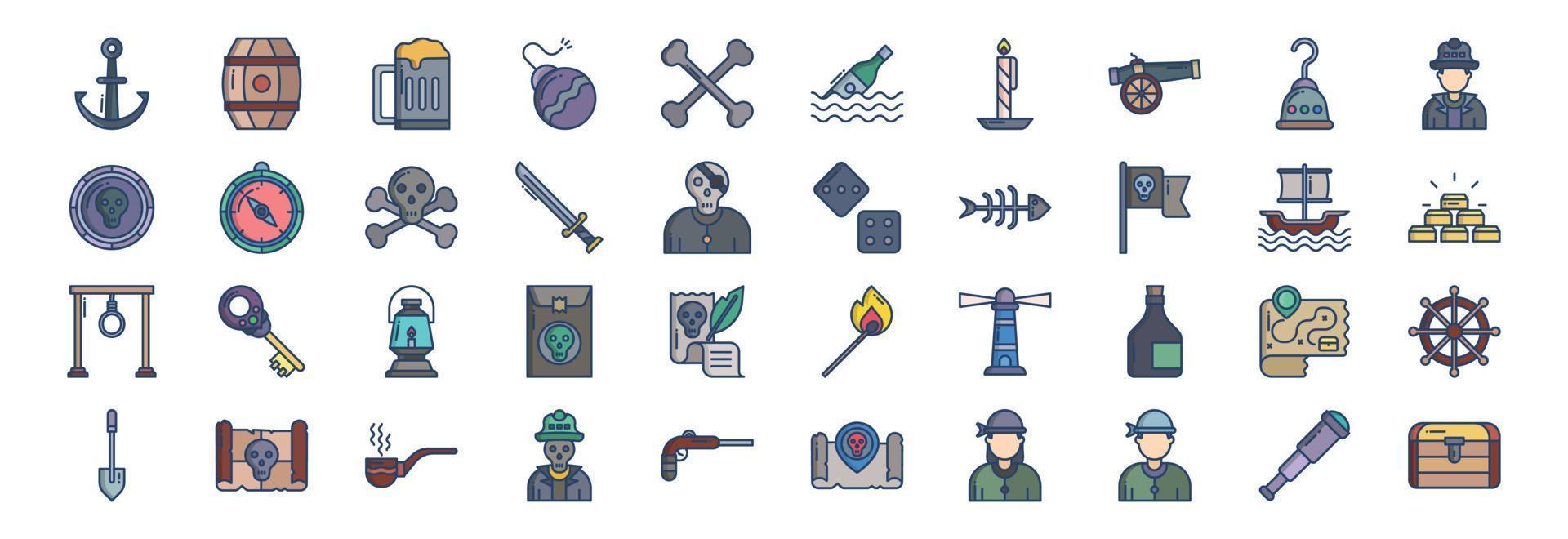 Sammlung von Symbolen im Zusammenhang mit Piraten, darunter Symbole wie Anker, Fass, Bier, Bombe und mehr. vektorillustrationen, pixelperfekter satz vektor