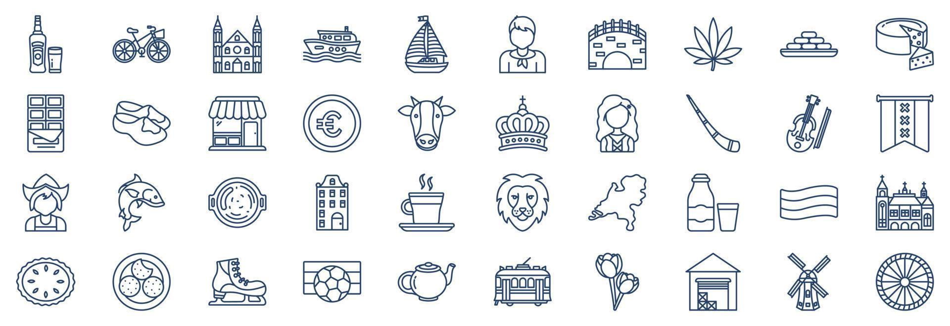 Sammlung von Symbolen mit Bezug zu den Niederlanden, darunter Symbole wie Bier, Fahrrad, Kanal, Boot und mehr. vektorillustrationen, pixelperfekter satz vektor