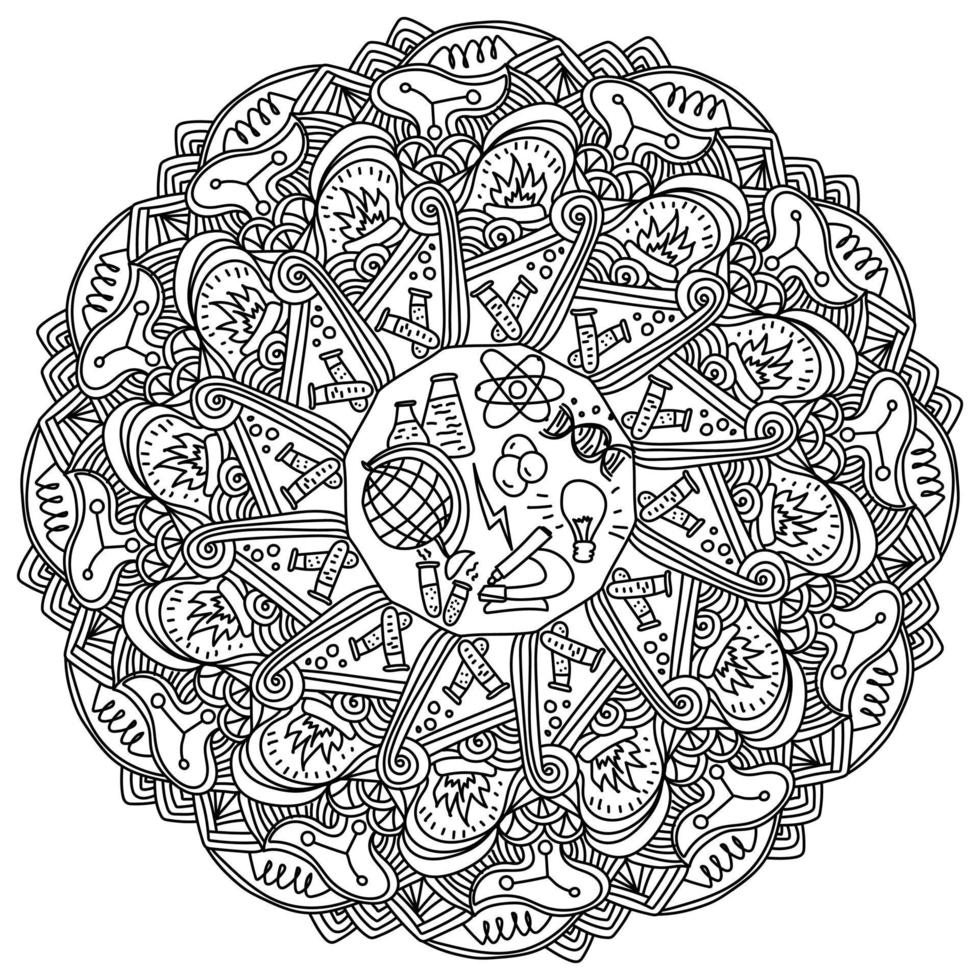 Mandala-Schulwissenschaft, Antistress-Malbuchseite mit wissenschaftlicher Ausrüstung, Schulartikeln und Fantasy-Motiven vektor