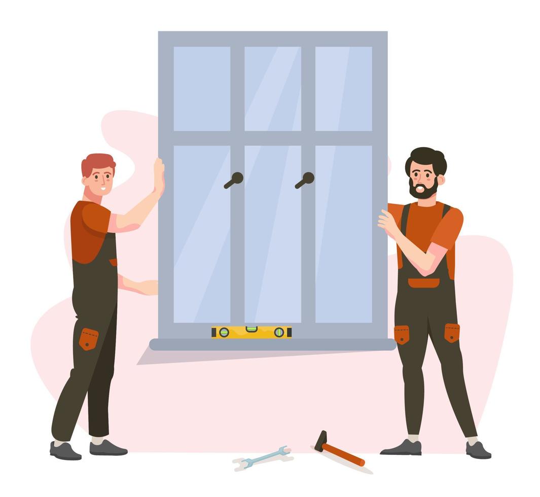 Zwei Arbeiter installieren PVC-Fenster. Fensteraustausch, Renovierung. Profis, die Fenster renovieren. Service. Werbung, Banner. flache vektorillustration. vektor