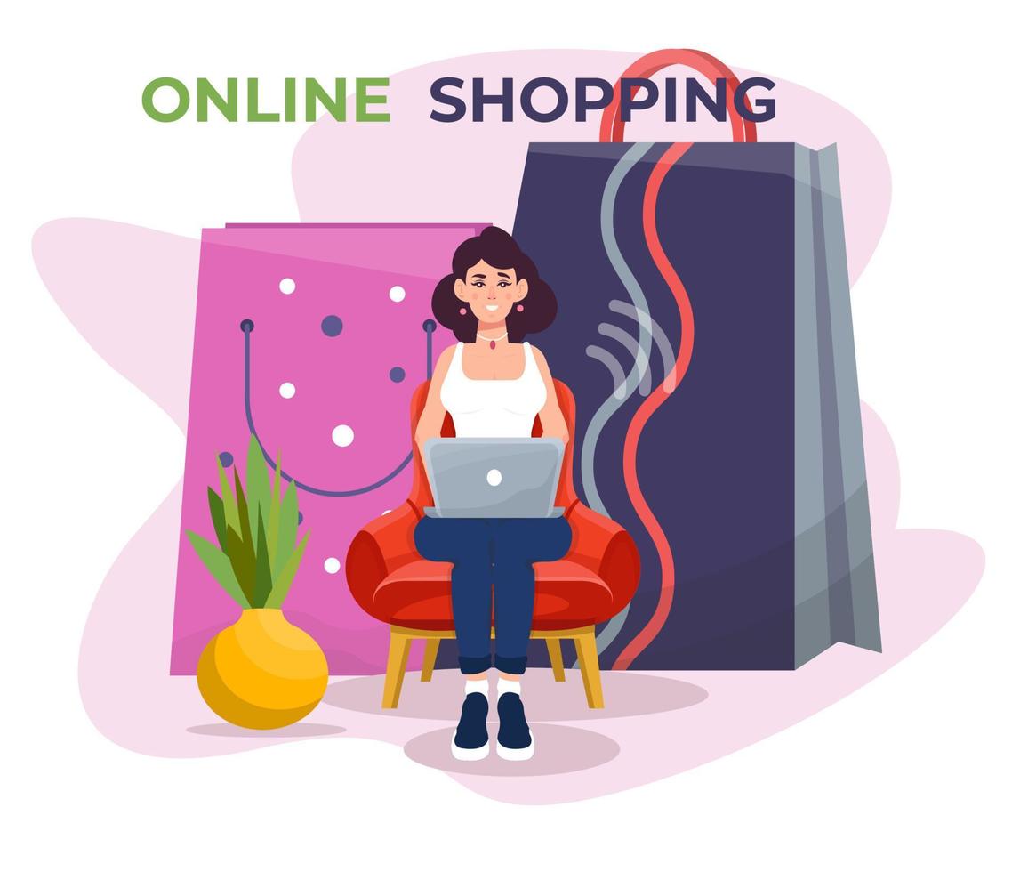 Online-Shopping-Konzept. Mädchen, das mit einem Laptop und riesigen Einkaufstaschen sitzt. Internet-Bestellservice. flache vektorillustration. vektor