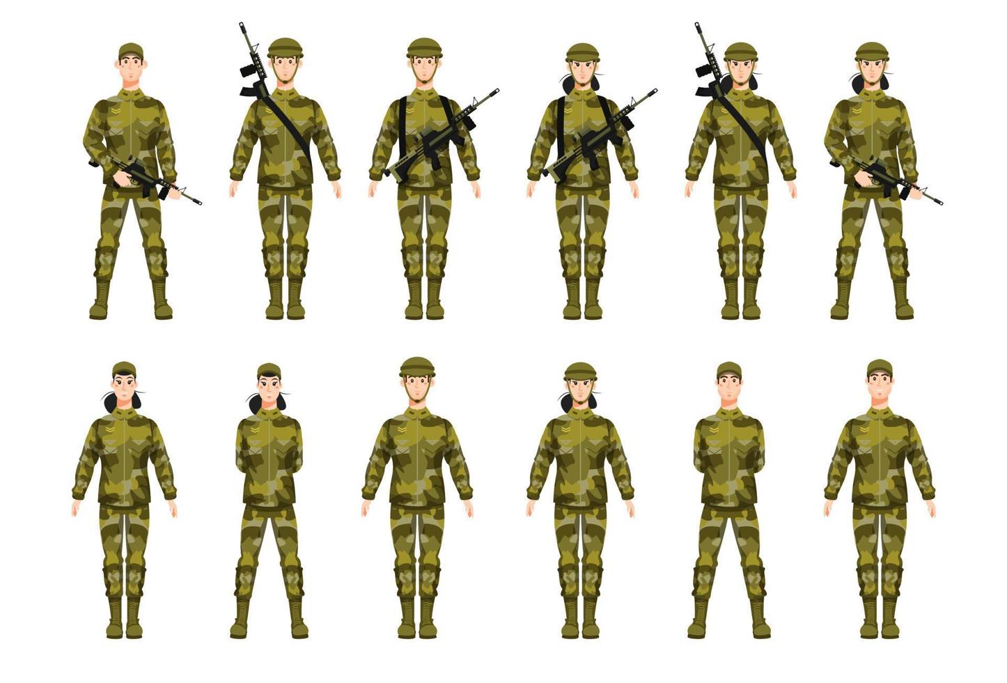 uppsättning av soldater, kommenderar bär militär enhetlig. man och kvinna i de armén. platt vektor illustration.