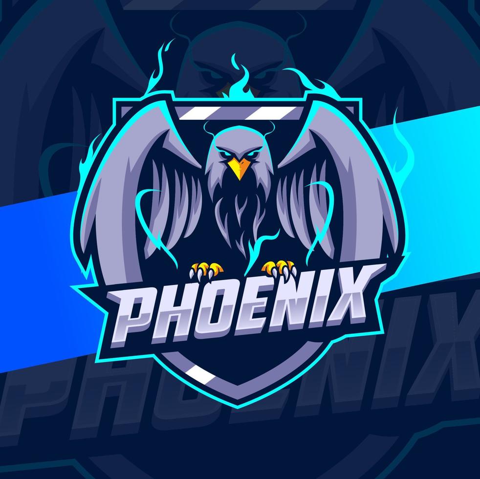 phoenix adler vogel mit blauem feuer maskottchen charakter esport design für gamer team und sport logo design vektor