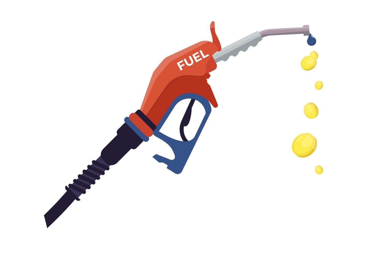 Kraftstoffpumpe-Symbol. Tankstelle. Öl- und Gaskosten steigen Konzept. Finanzkrisen. Tankstellensymbol isoliert auf weißem Hintergrund. Benzinpumpe tropft Öl. Geld tropft aus der Düse. vektor