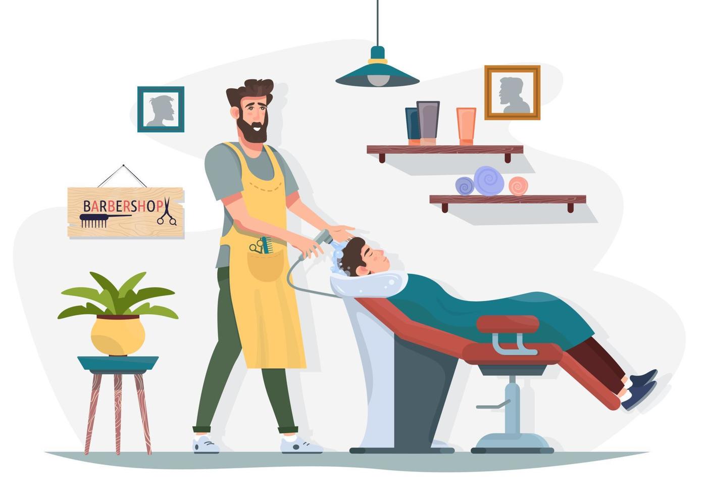 friseur wäscht haare des kunden im friseursalon. Salon-Interieur. friseur flache vektorillustration. vektor