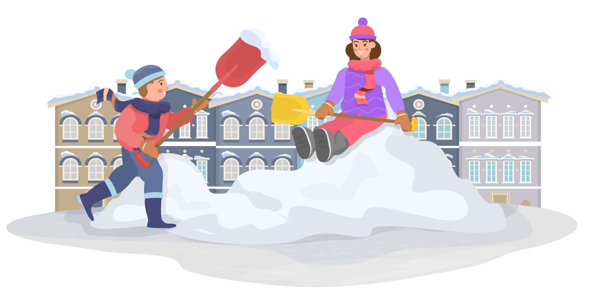pojke och flicka avlägsnande de snö med spader och har roligt. barn rengöring de territorium, snöig väg. snö lugg. snö drift i vinter. platt vektor illustration.