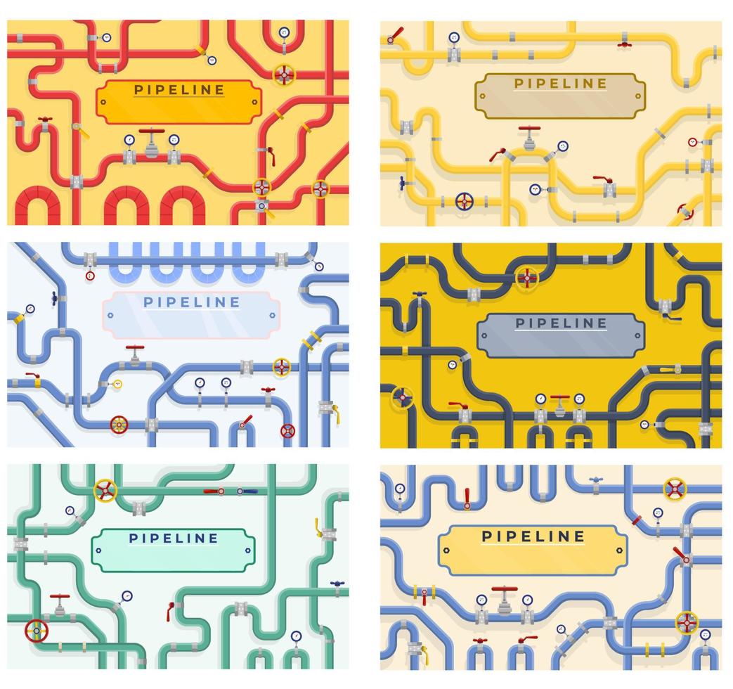 uppsättning av industriell bakgrunder för webbplatser, banderoller. samling. rörledningar med ventiler, kranar, beslag. olja och gas begrepp. VVS mall. platt vektor illustration