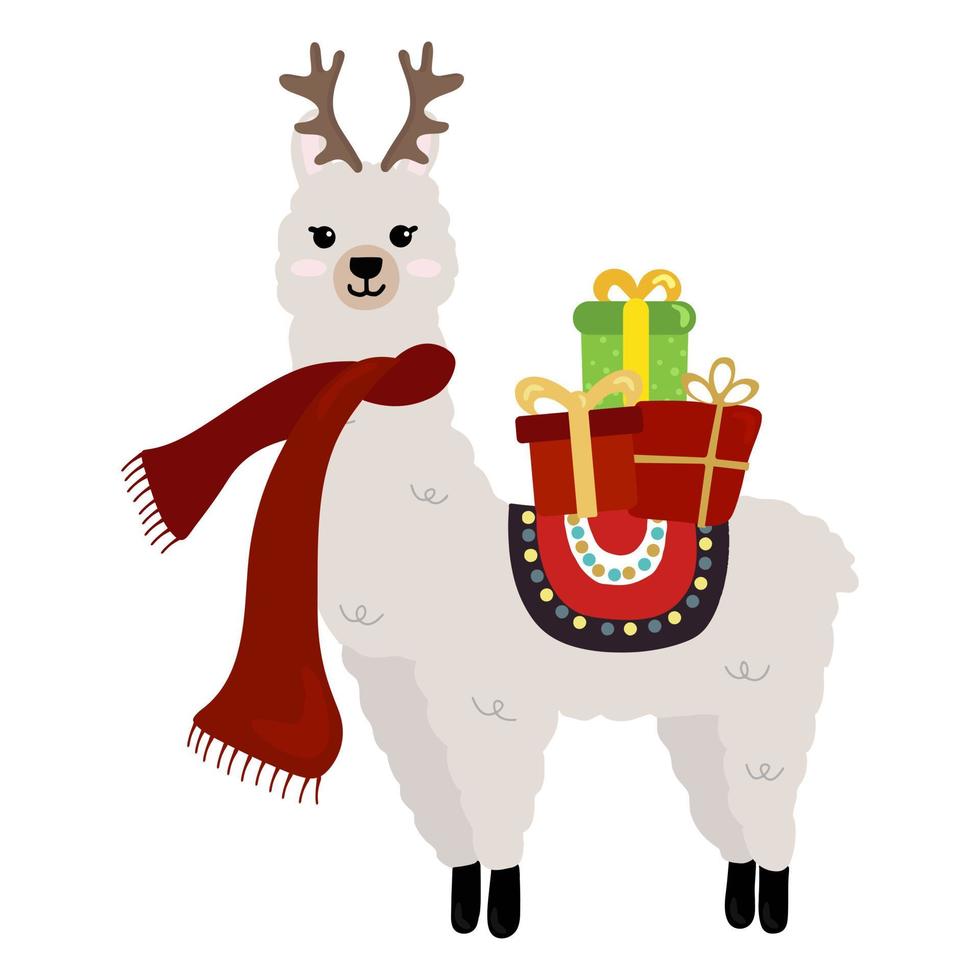 illustration av söt jul alpacka isolerat på vit bakgrund. illustration för affischer, hälsning kort och säsong- design. vektor