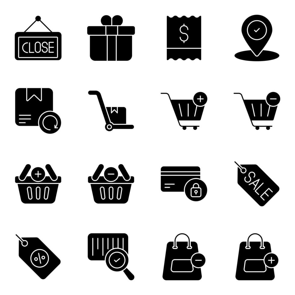 paket med shopping och handel solida ikoner vektor