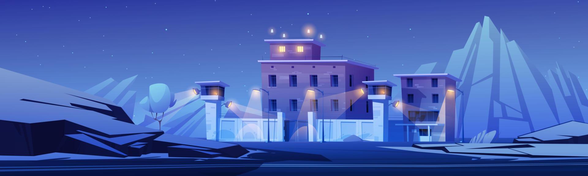 fängelse byggnad på natt berg landskap, fängelse vektor