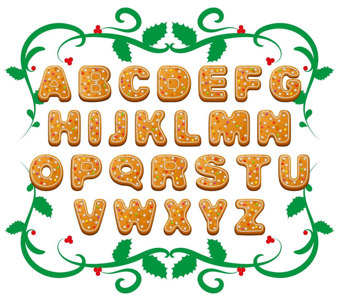 dekoratives weihnachtsalphabet. Schrift aus Lebkuchen mit Zuckerguss. Vektorsatz dekorativer Buchstaben für Winterurlaubsdesign. vektor