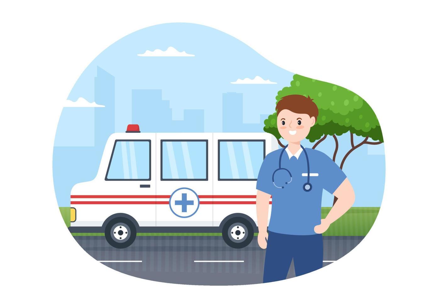 medizinisches fahrzeug, krankenwagen oder notdienst zur abholung des bei einem unfall verletzten patienten in handgezeichneten vorlagenillustration der flachen karikatur vektor