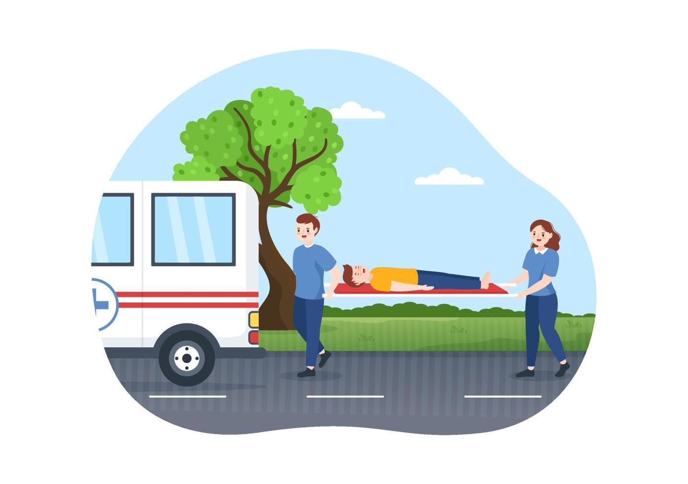medicinsk fordon ambulans bil eller nödsituation service för plocka upp patient de skadade i ett olycka i platt tecknad serie hand dragen mallar illustration vektor