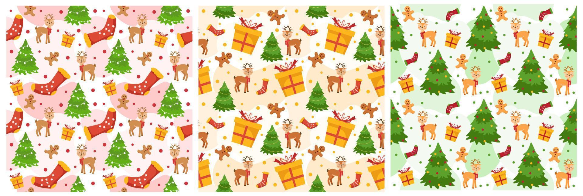 uppsättning av jul bakgrund sömlös mönster design med santa claus, träd, snögubbe och gåvor i mall hand dragen tecknad serie platt illustration vektor